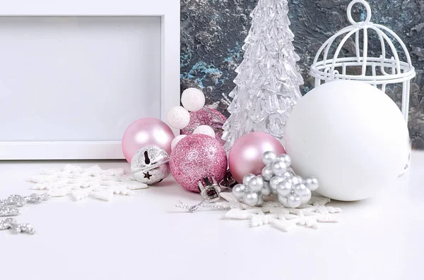 Cadre Vide Décoration Noël Rose Blanc Boule Jouets Sur Fond — Photo