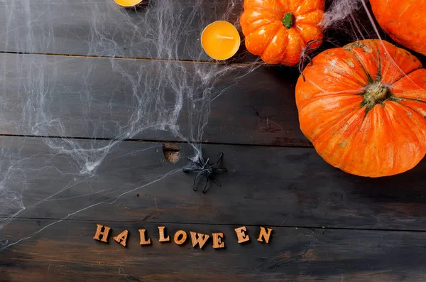 Halloween Dekorationen Kürbisse Spinnen Und Spinnweben Mit Der Aufschrift Halloween — Stockfoto