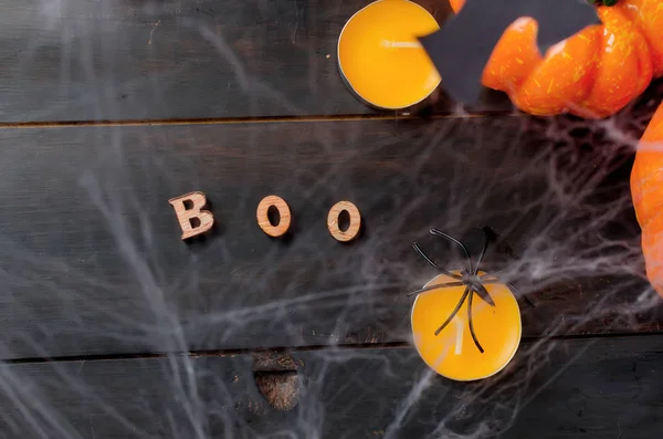 Decoraciones Halloween Calabazas Araña Telaraña Con Una Inscripción Boo Sobre — Foto de Stock