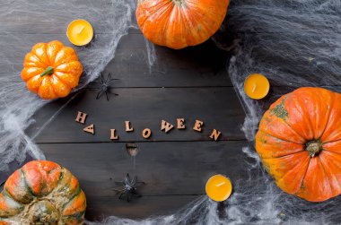 Halloween süslemeleri, pumpkins, örümcek ve örümcek ağı ile bir yazıt halloween siyah arka plan, sonbahar tatil kavramı, kopya alanı, üstten görünüm, düz üzerinde yatıyordu, 
