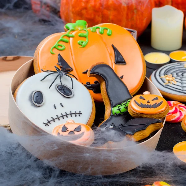 Halloween Decoraties Pompoenen Verscheidenheid Van Gingerbreads Spin Het Spinnenweb Zwarte — Stockfoto
