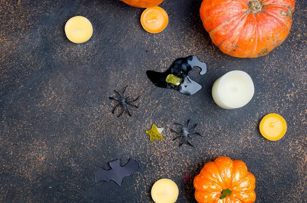 Halloween Decoraties Pompoenen Verscheidenheid Van Gingerbreads Spin Het Spinnenweb Zwarte — Stockfoto