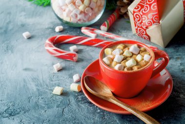 Kırmızı Kupası, ev yapımı Noel sıcak çikolata, Noel ve kış için bir köknar ağacı dalı, şekerler ve zencefilli bisküvi ahşap arka plan üzerinde tatil. Tatil kavramı, kopya alanı