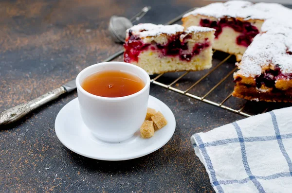 Cherry Plum Pie Sprinkled Icing Sugar Cup Tea Dark Rustic — Stock Photo, Image