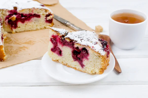 Cherry Plum Pie Sprinkled Icing Sugar Cup Tea White Wooden — Stock Photo, Image