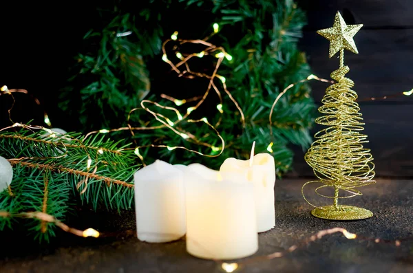 Christmas Composition Candles Decorative Gold Christmas Tree Craft Gifts Fir — Stock Photo, Image