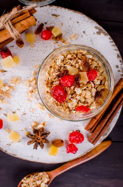 Healthy Breakfast Homemade Granola Glass Jar Spoon Old Rustic Dark — Stock Photo, Image