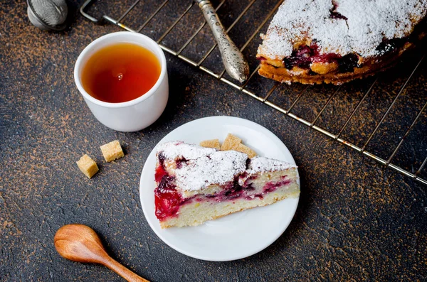 Cherry Plum Pie Sprinkled Icing Sugar Cup Tea Dark Rustic — Stock Photo, Image