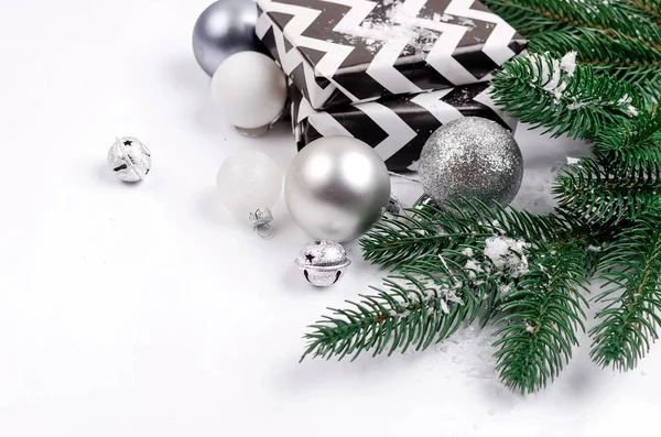 Fundo Decorativo Natal Com Presentes Natal Preto Branco Bola Brinquedos — Fotografia de Stock