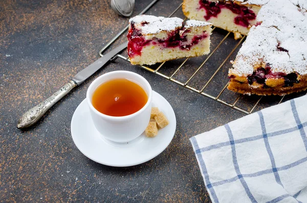 Cherry Plum Pie Sprinkled Icing Sugar Cup Tea Dark Rustic — Stock Photo, Image
