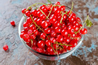 Olgun taze kırmızı kuş üzümü meyveleri koyu rustik arka plan üstten görünüm, kopya alanı üzerinde cam kapta