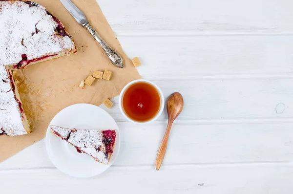 Cherry Plum Pie Sprinkled Icing Sugar Cup Tea White Wooden — Stock Photo, Image