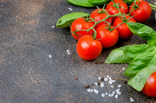 Tomates Vermelhos Amarelos Maduros Cebola Verde Manjericão Alho Sal Especiarias — Fotografia de Stock