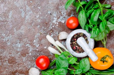 Olgun kırmızı ve sarı domates, yeşil soğan ve fesleğen, sarımsak, tuz ve baharat karanlık bir taş zemin üzerine. Üstten görünüm, kopya alanı. 