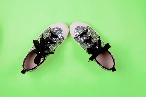 Teenage fashion sneakers with silver sequins — Stock Photo, Image