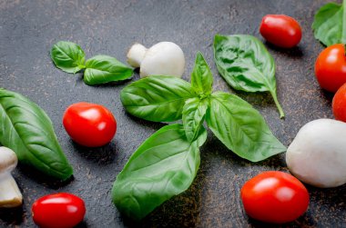 Yeşil fesleğen, domates, Champignon ve peper baharat yaprakları