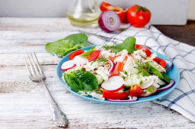 Salata taze sebzeler domates salatalık turp soğan otlar 