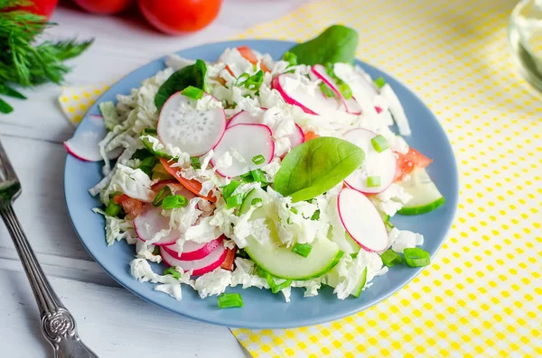 Salade verse groenten tomaten komkommers radijs uien kruiden — Stockfoto