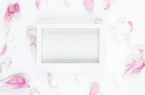 Moldura branca vazia com pétalas de peônia rosa — Fotografia de Stock