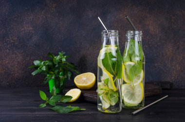 Taze mojito şişeler ve malzemeler - limon ve nane