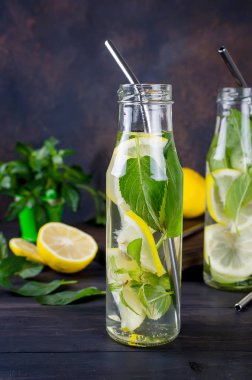 Taze mojito şişeler ve malzemeler - limon ve nane