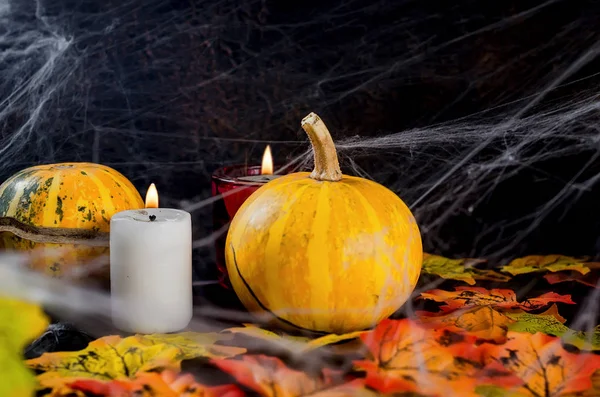 Fondo de Halloween con pan de jengibre, calabazas y velas — Foto de Stock