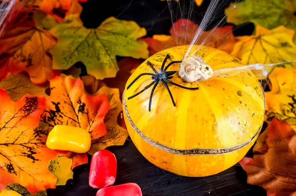 Halloween Hintergrund mit Lebkuchen, Kürbissen und Kerzen — Stockfoto