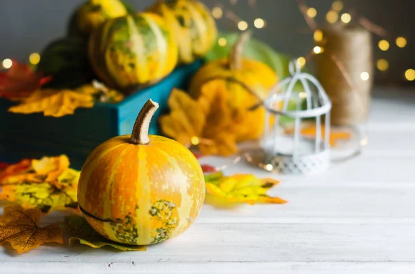 Autumn background with pumpkins and leaves and candle — Stock Photo, Image
