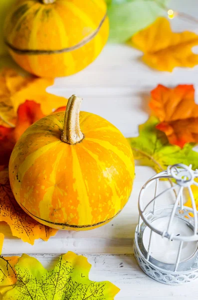 Herfst achtergrond met pompoenen en bladeren en kaars — Stockfoto