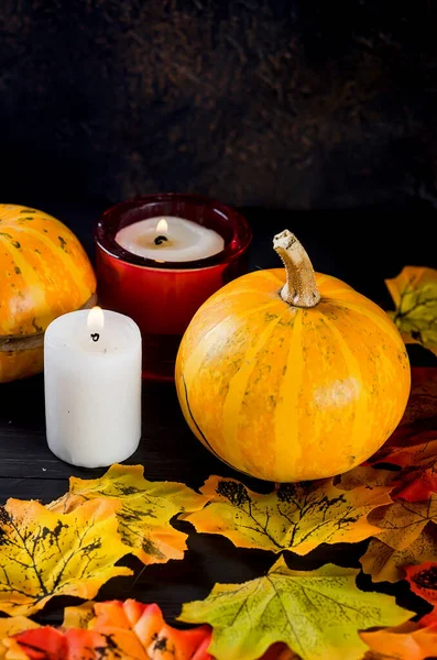 Halloween achtergrond met peperkoek, pompoenen en kaarsen — Stockfoto