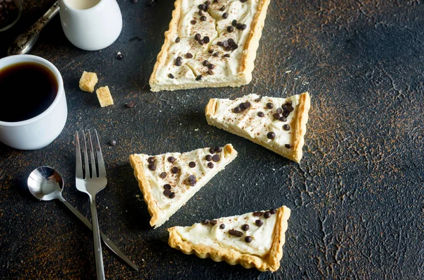 Tarte Crème Vanille Gâteau Fromage Avec Des Gouttes Chocolat Une — Photo