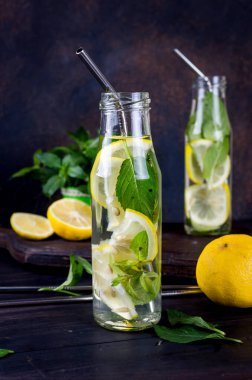 Taze mojito şişeler ve malzemeler - limon ve nane