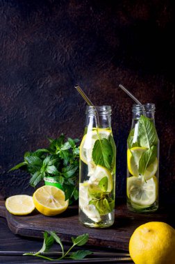 Taze mojito şişeler ve malzemeler - limon ve nane