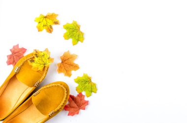Düz yatıyordu, sarı yapraklar ve beyaz arka planda ayakkabılar serin hava için, parlak renkli kuru yapraklar beyaz arka planda. Rahat sonbahar, alışveriş, satış, moda renk konsepti