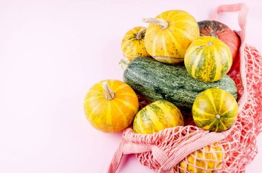 Güz kompozisyonu ve balkabakları alışveriş poşetinde