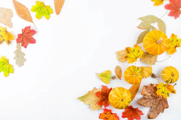 Fond d'automne avec feuilles jaunes et citrouille — Photo