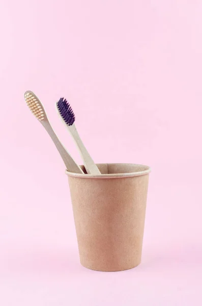 Natural Organic Eco Friendly Bamboo Toothbrushes Craft Paper Holder Zero — Stock Photo, Image