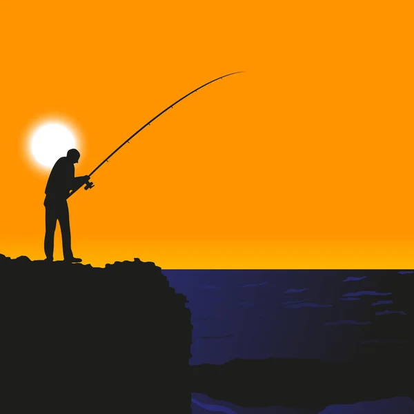 Vector Image Silhouette Man Fishing Sunset — Stock Vector