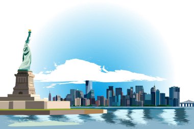 Özgürlük Anıtı ve Manhattan manzarası, New York City vektör çizimi. ABD.