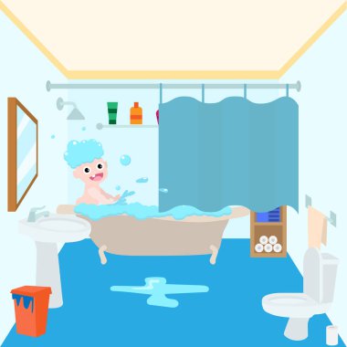 Banyo yapan bir bebeğin vektör görüntüsü. Suya sıçrıyor.