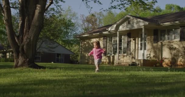 Menina bonito pequeno feliz andando pela estrada — Vídeo de Stock