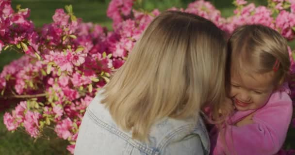 Küçük kızıyla güzel genç bir kadın parkta çiçeklerle eğleniyor. — Stok video
