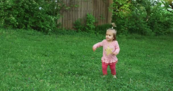 La niña está en el parque de verano. Una linda niña está afuera. — Vídeos de Stock