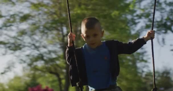 Kleine jongen op een schommel in een groen park. Gelukkige jeugd. — Stockvideo