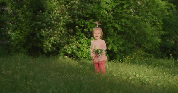 La niña está en el parque de verano. Una linda niña está afuera. — Vídeos de Stock