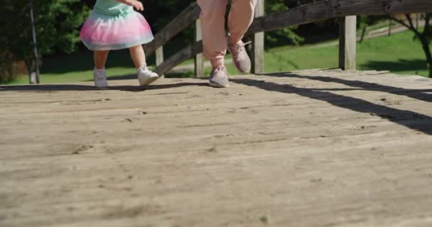 Молодая красивая женщина весело работает со своей маленькой девочкой в летнем парке. Медленное движение 4k — стоковое видео