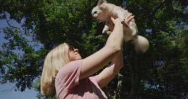 Güneş gözlüklü mutlu güzel kadın küçük sevimli köpeği Chihuahua ile eğleniyor. Yavaş çekim 4k