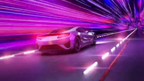 A modern sports car drives quickly through an abstract tunnel of ultraviolet light. Animation from the ultraviolet tunnel to the frame — Stock Footage A modern sports car drives quickly through an abstract tunnel of ultraviolet light. Animation from the ultraviolet tunnel to the frame — Stock Video