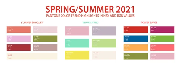 Pantone kleurenpalet voor lente, zomer 2021 in HEX en RGB waarden. — Stockvector