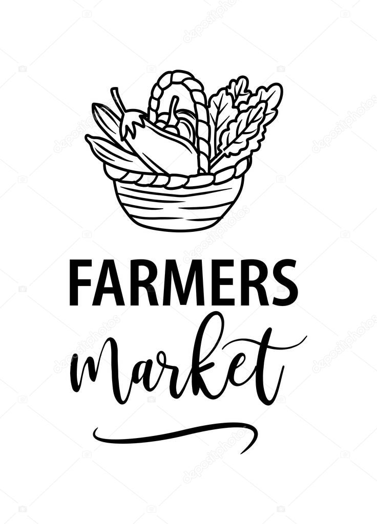 Farmers market hand drawn doodles badges, logo, icon, label. Vector brush lettering typography - farmers market on a white background. Farm market natural organic product brand sign symbol.